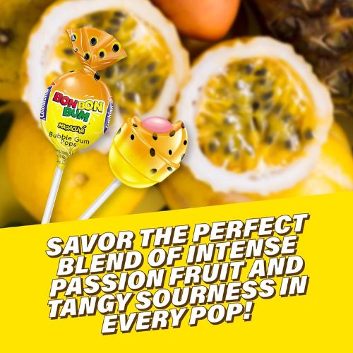 Colombina Bon Bon Bum Lollipops with Bubble Gum - Passion Fruit 24 pieces