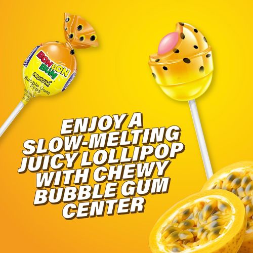 Colombina Bon Bon Bum Lollipops with Bubble Gum - Passion Fruit 24 pieces