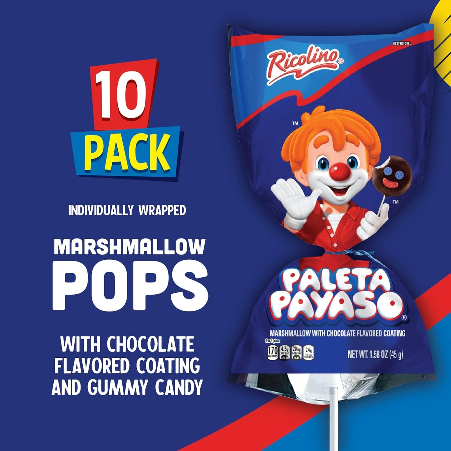 Ricolino Paleta Payaso Marshmallow Lollipops with Chocolate Flavored Coating 10 Count