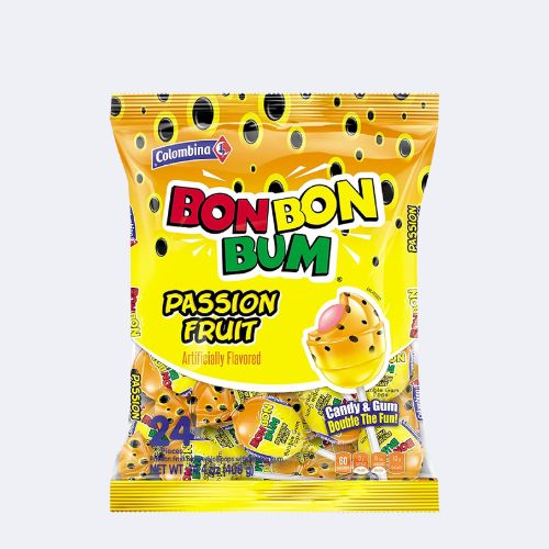 Colombina Bon Bon Bum Lollipops with Bubble Gum - Passion Fruit 24 pieces