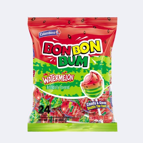 Colombina Bon Bon Bum Lollipops with Bubble Gum - Watermelon 24 pieces