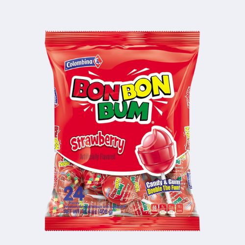 Colombina Bon Bon Bum Lollipops with Bubble Gum - Strawberry 24 pieces