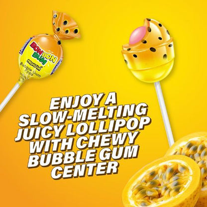 Colombina Bon Bon Bum Lollipops with Bubble Gum - Passion Fruit 24 pieces