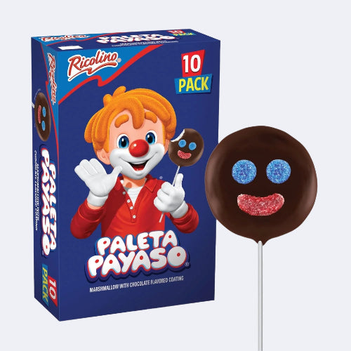 Ricolino Paleta Payaso Marshmallow Lollipops with Chocolate Flavored Coating 10 Count